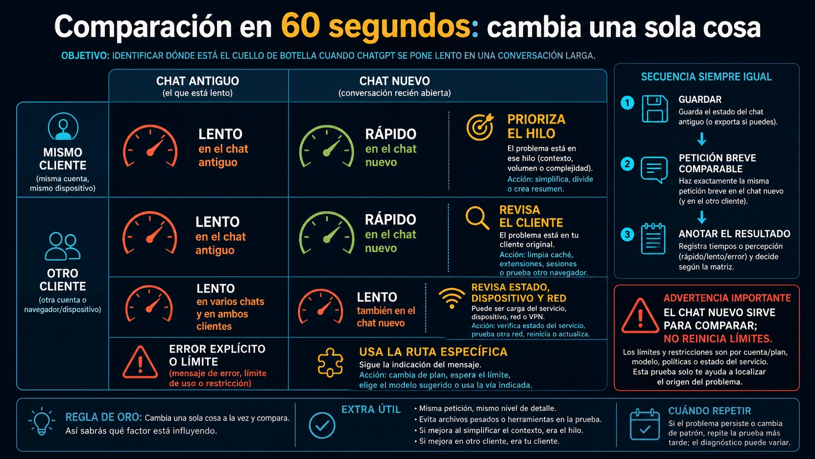 Matriz de 60 segundos que compara un chat antiguo y uno nuevo en el mismo cliente y en otro cliente