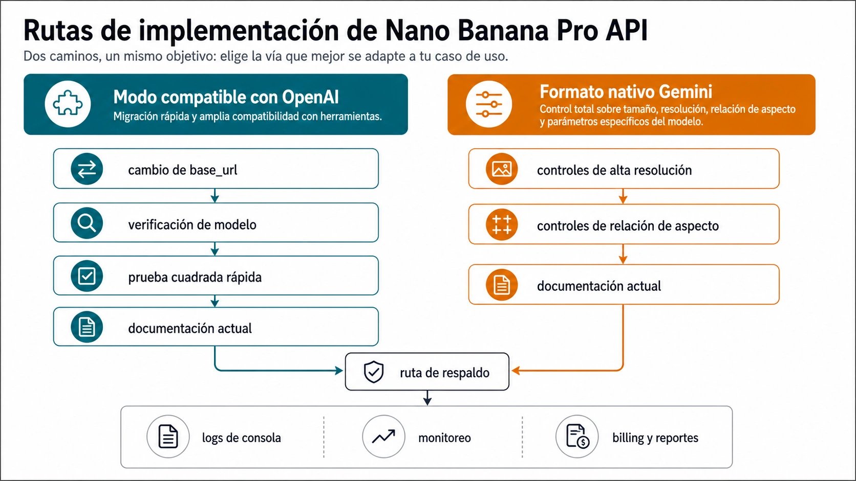 Diagrama de integración para Nano Banana Pro API: SDK compatible con OpenAI, solicitud nativa Gemini, configuración de ruta y revisión de logs