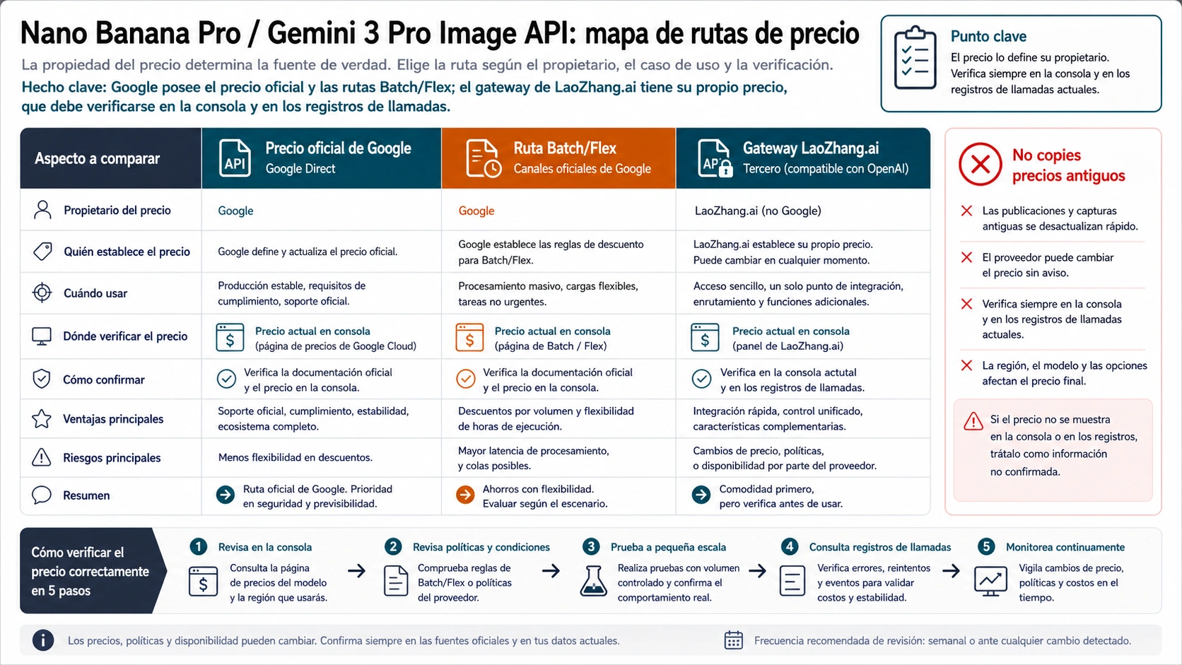 Mapa de dueño de precio para Nano Banana Pro API, con precio oficial de Google, verificación gateway, logs y pedidos
