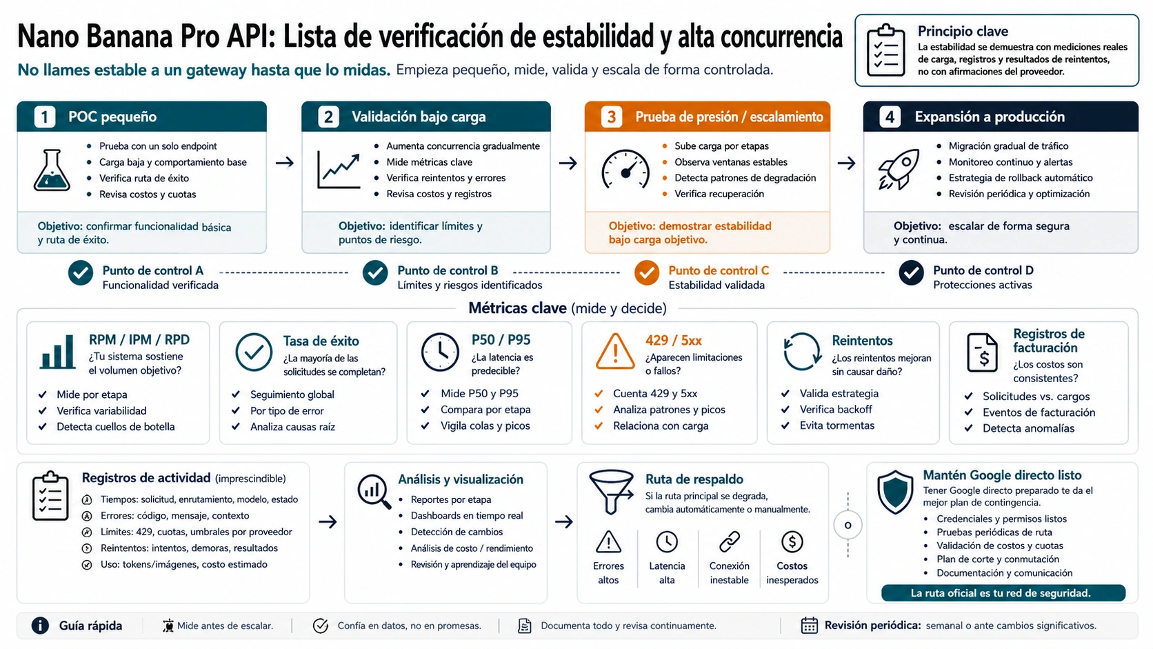 Tablero de validación de estabilidad para Nano Banana Pro API: cuota, logs, tasa de éxito, P50, P95, coste de reintento y fallback