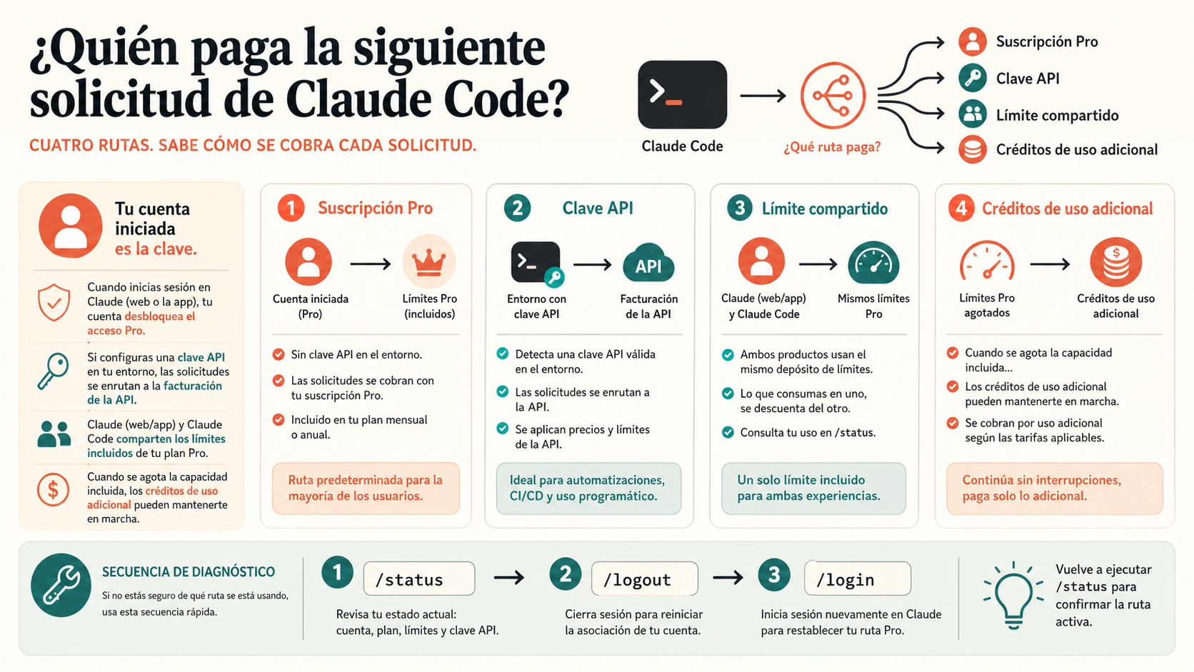Diagnóstico de quién paga la siguiente solicitud de Claude Code: Pro, clave API, límite compartido o créditos de uso