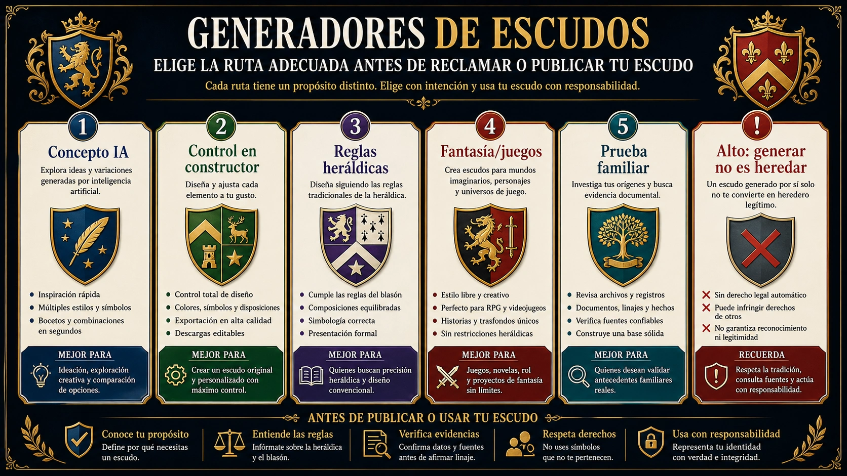 Cómo elegir un generador de escudos de armas: IA, constructor, blasón, fantasía o prueba familiar