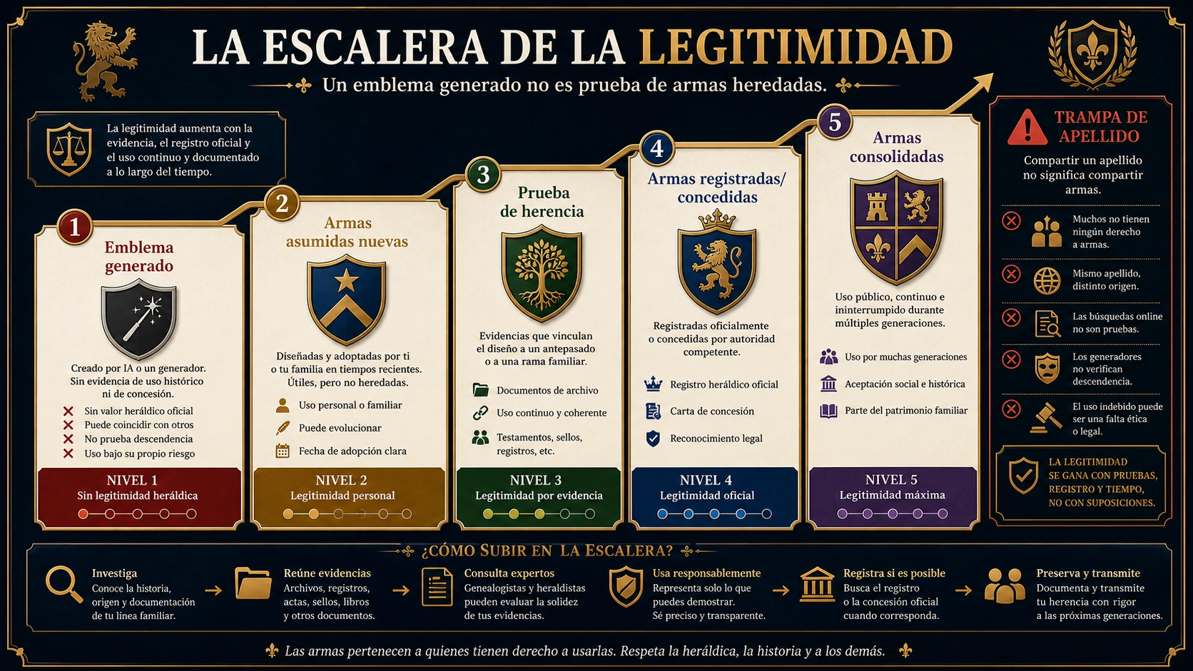 Escalera de legitimidad con emblema generado, armas asumidas, prueba heredada, registro o concesión y trampa del apellido