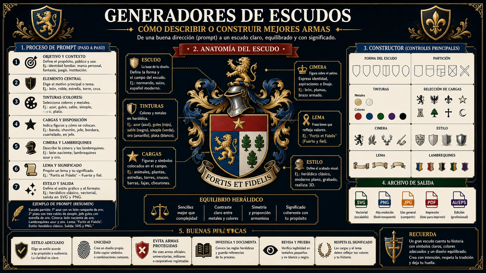 Anatomía de prompt y constructor de escudo: shield, tinctures, charges, crest, lema, unicidad y revisión de archivo
