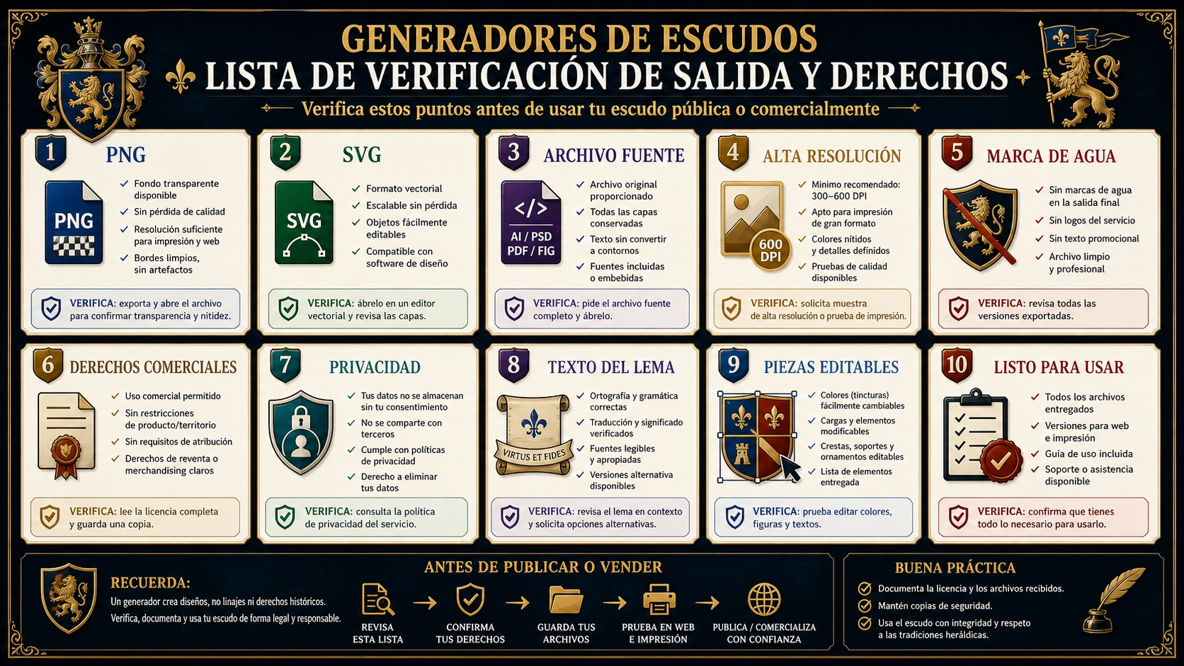 Lista de comprobación de exportación, marca de agua, uso comercial, privacidad, lema y edición para generadores de escudos