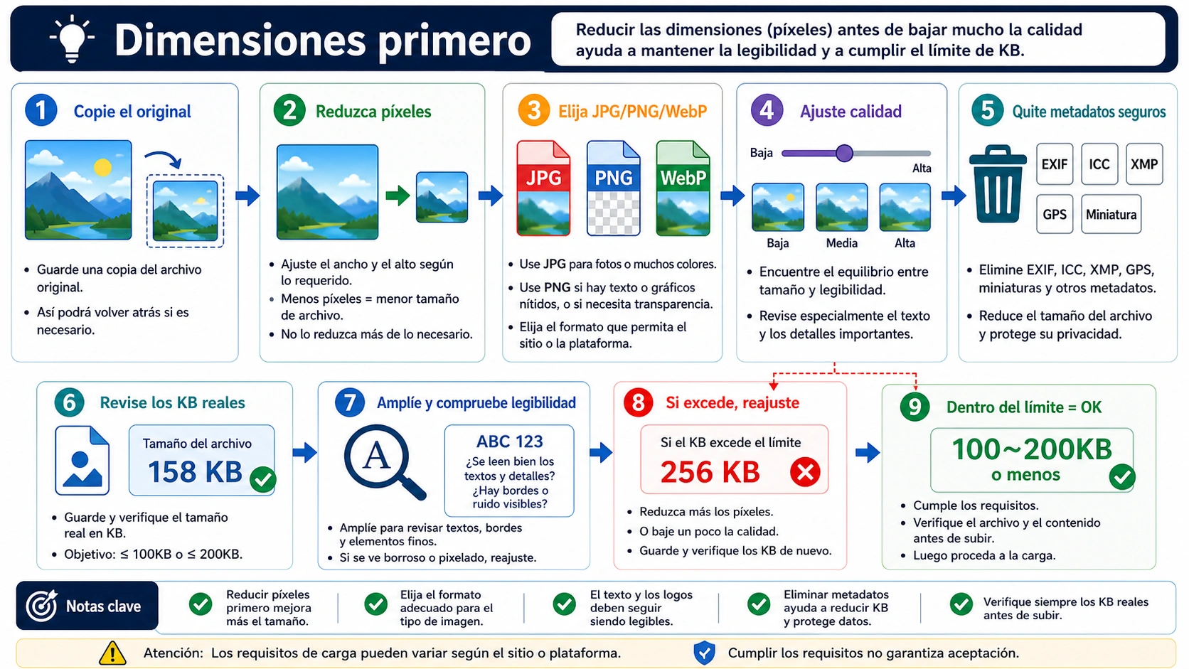 Flujo de dimensiones, formato, calidad y revisión final