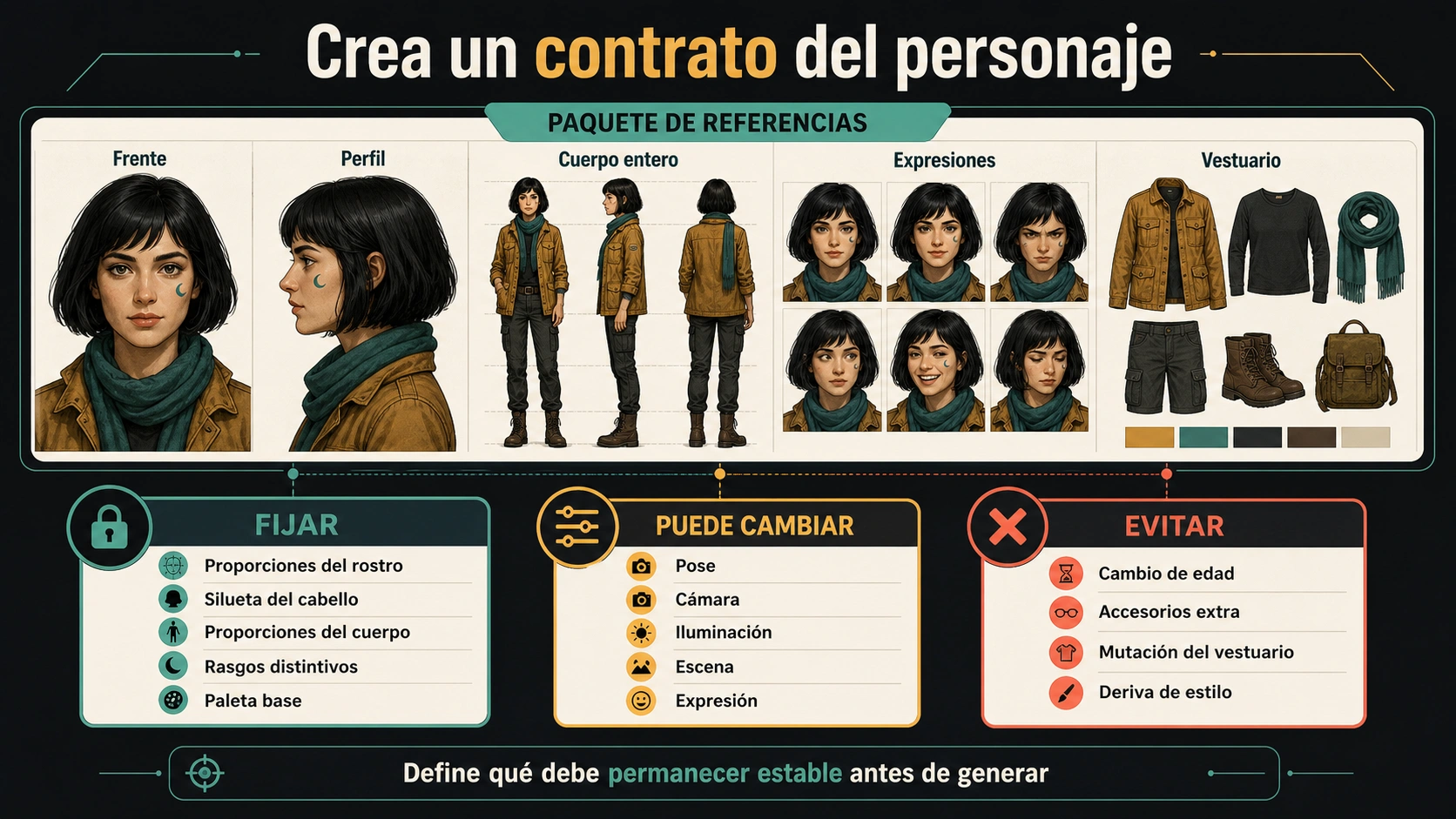 Ficha de personaje con rasgos fijos, variables y prohibidos