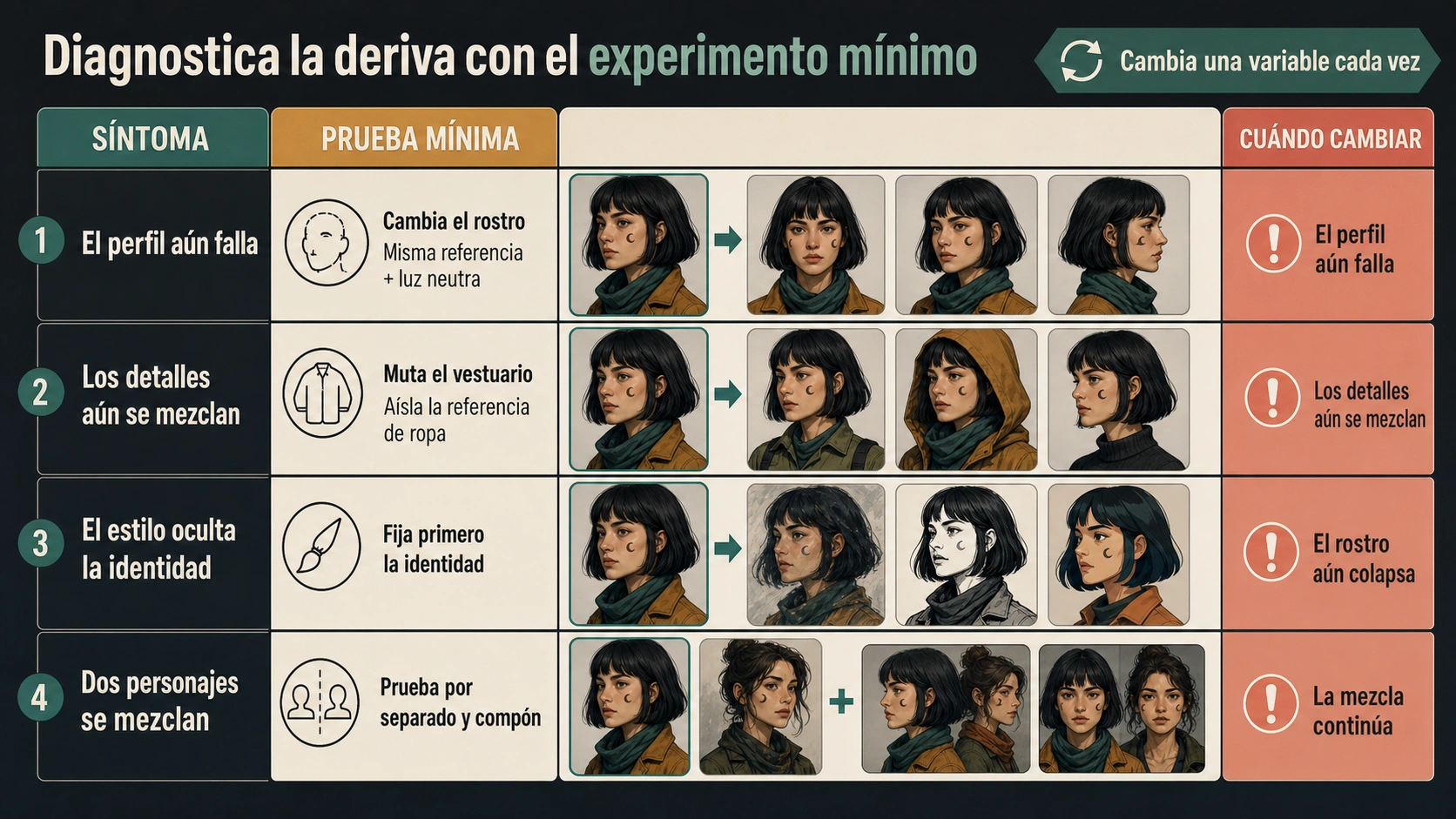 Diagnóstico de deriva por síntoma, prueba mínima y condición de cambio