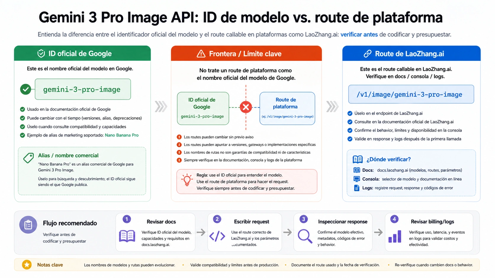Límite entre el model ID oficial de Gemini 3 Pro Image API y el route de plataforma gateway