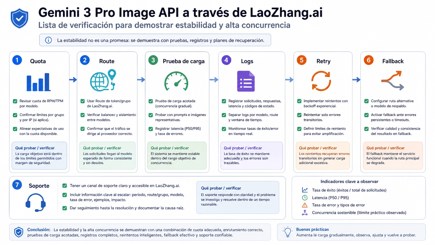 Checklist de prueba de concurrencia para Gemini 3 Pro Image API con quota, route, load test, logs, retry, fallback y soporte