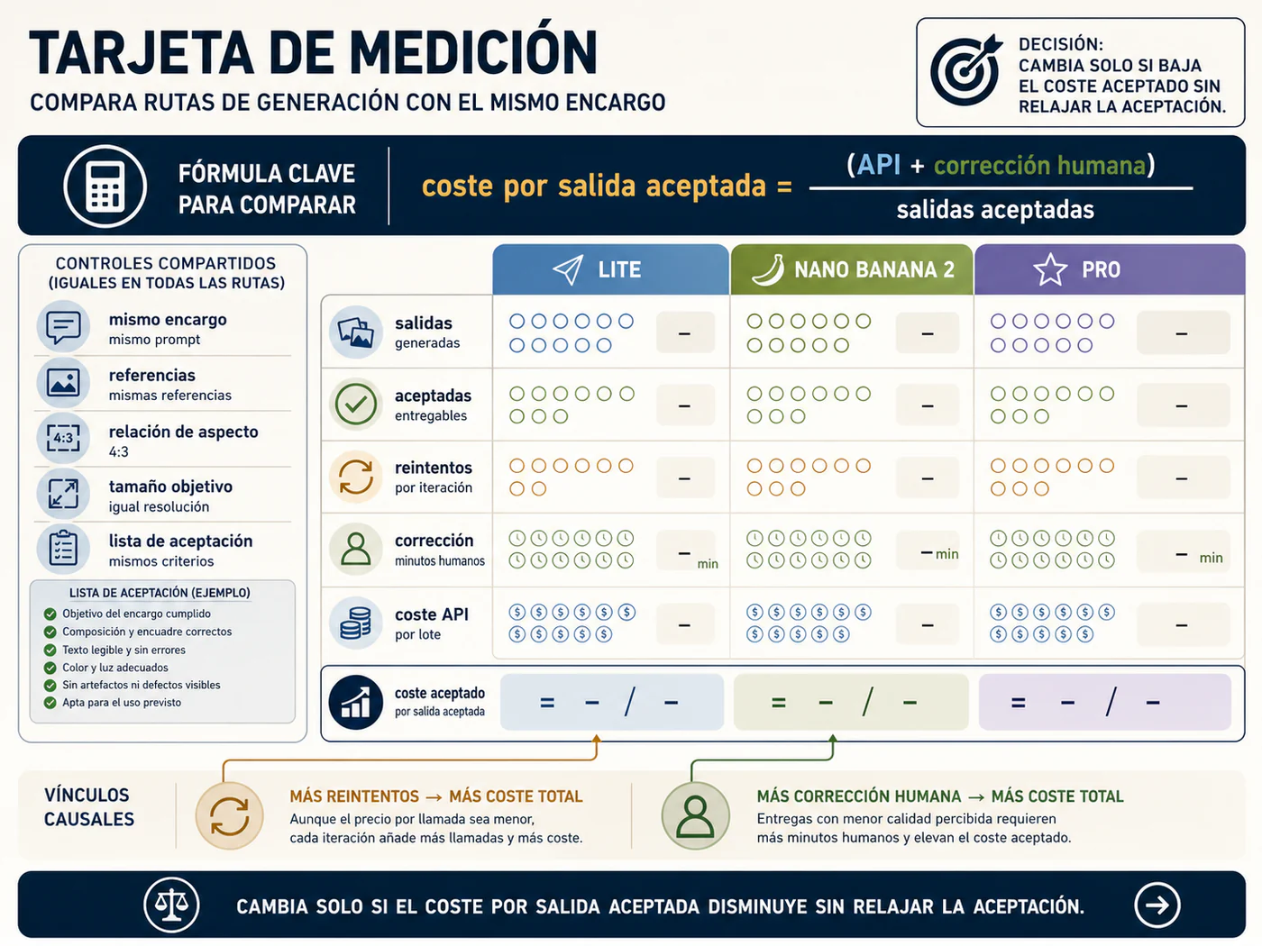 Tarjeta de prueba que registra el mismo encargo, salidas generadas, reintentos, minutos de corrección y coste por resultado aceptado para cada ruta.