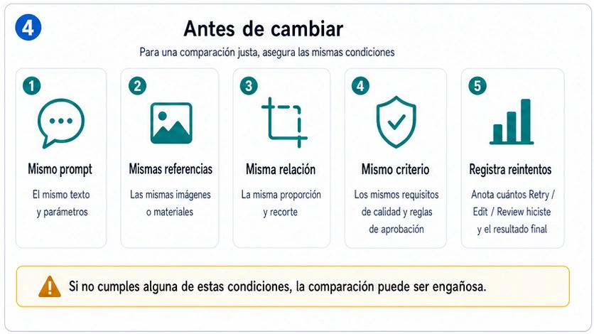 Lista de comprobación antes de cambiar de Flash a Pro usando el mismo prompt, referencias, proporción y criterio.