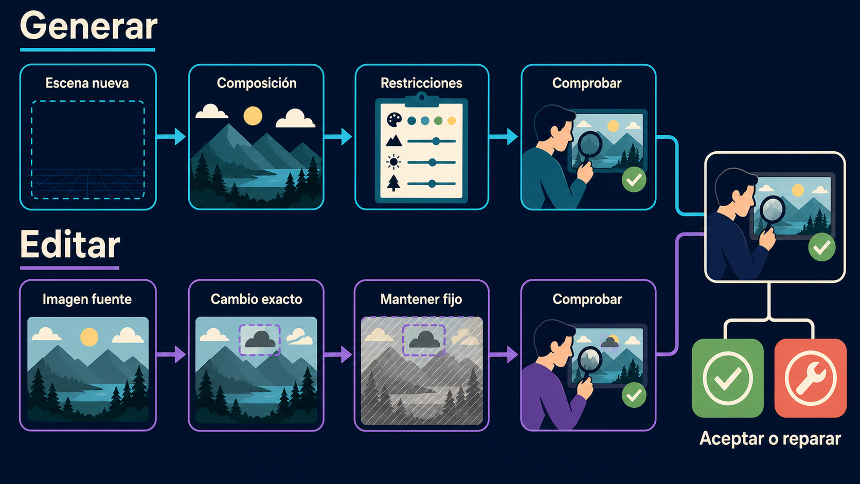 Diagrama de decisión para sustituir variables, proteger detalles y comprobar una imagen de Gemini