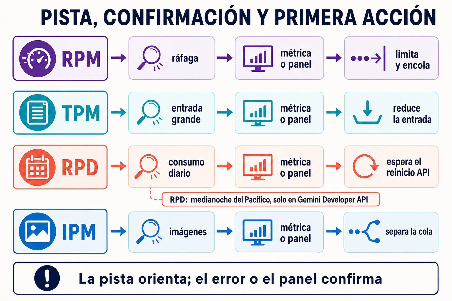 Mapa de evidencias para distinguir RPM, TPM, RPD e IPM en Gemini API