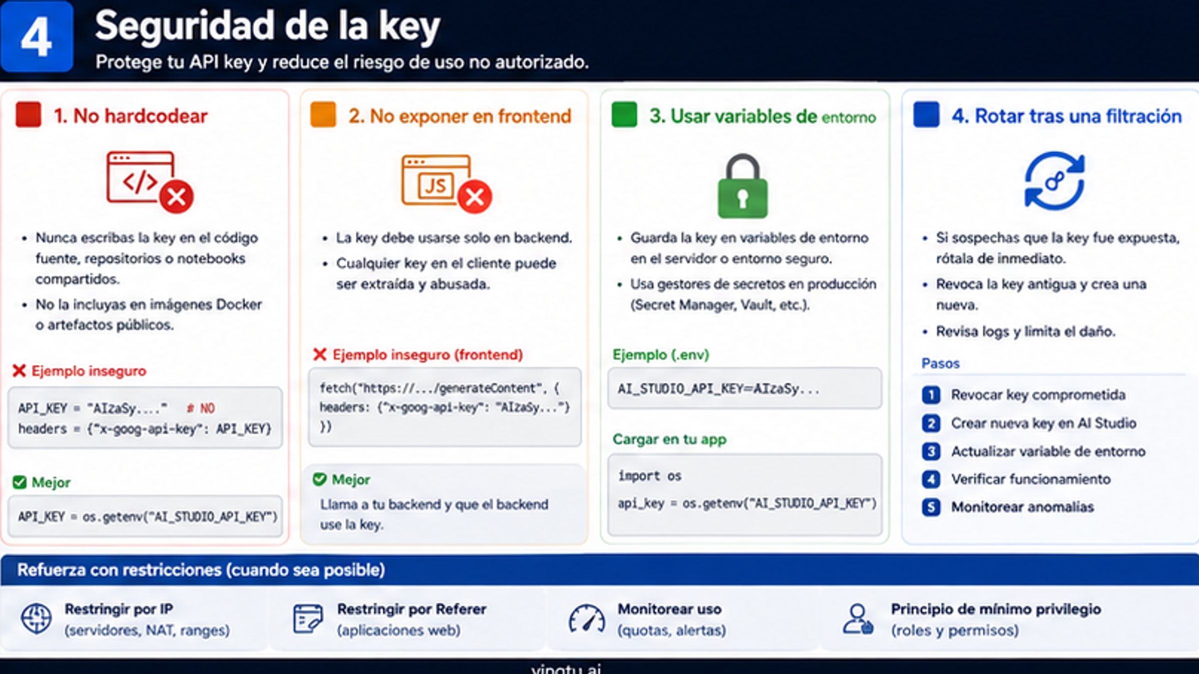 Checklist de seguridad para almacenar Google AI Studio API key rotar key filtrada y usar variables de entorno