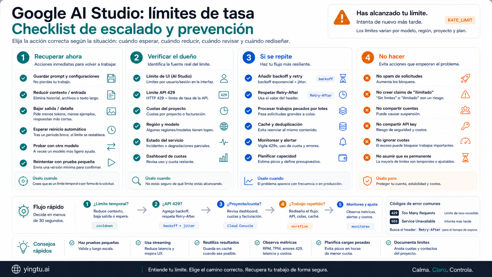 Checklist de escalación y prevención del límite de Google AI Studio
