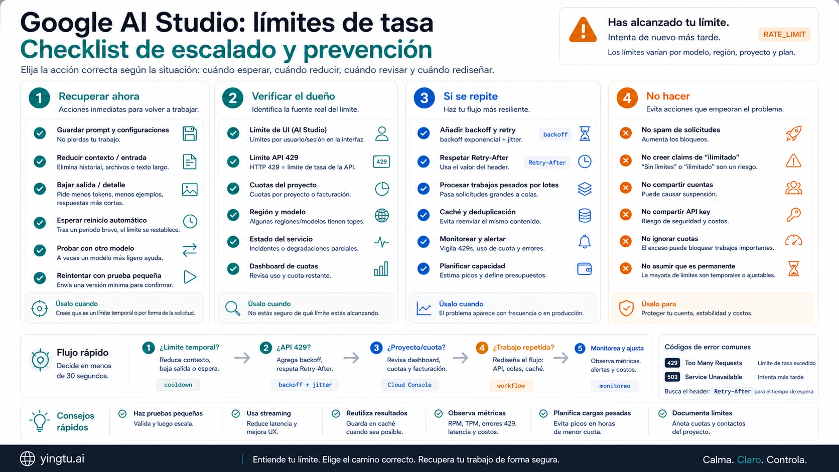Checklist de escalación y prevención del límite de Google AI Studio