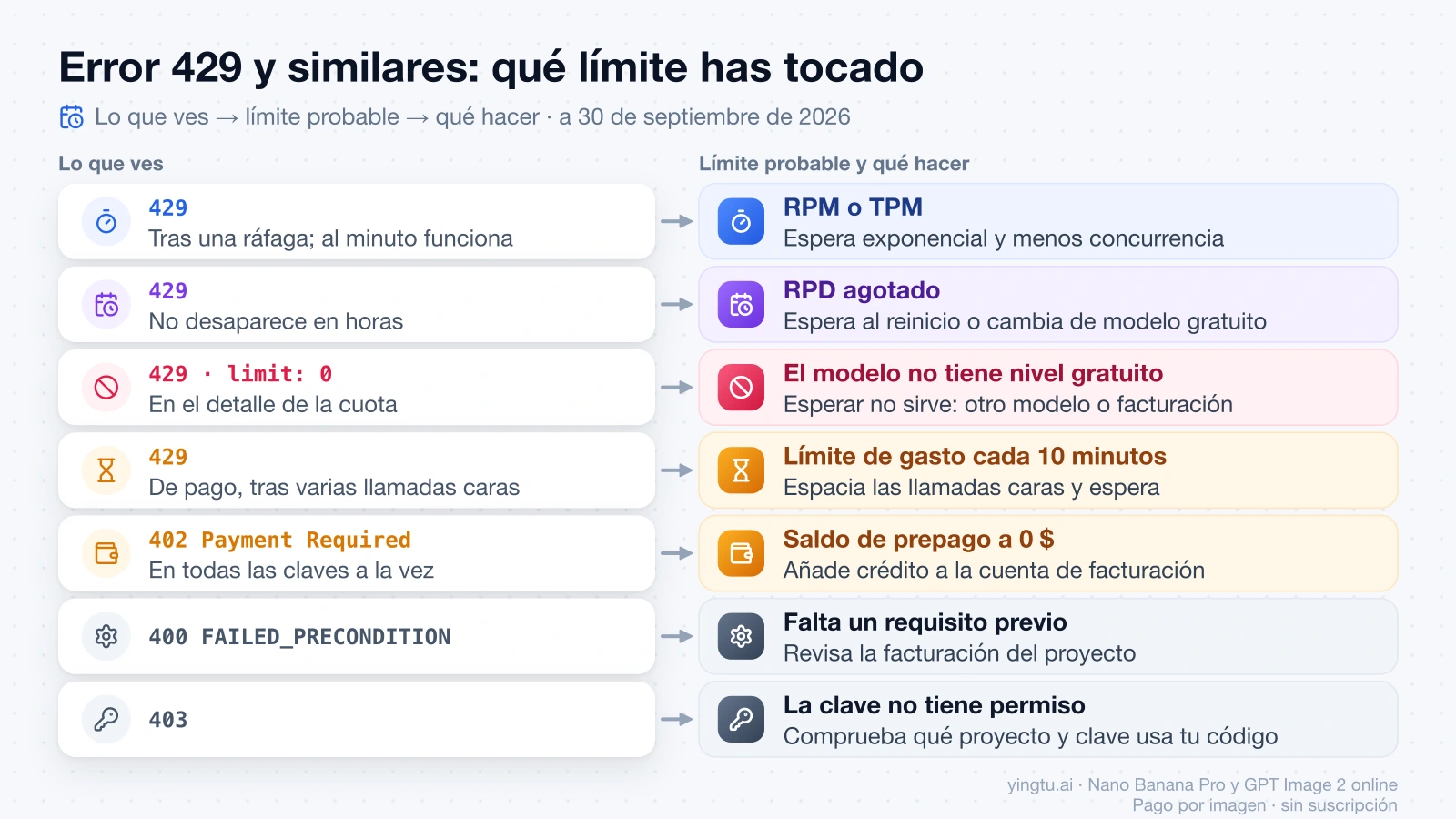 Qué límite indica cada error de la API de Gemini: 429 por RPM o TPM, RPD agotado, limit: 0, gasto cada 10 minutos, además de 402, 400 y 403, con lo que hay que hacer en cada caso