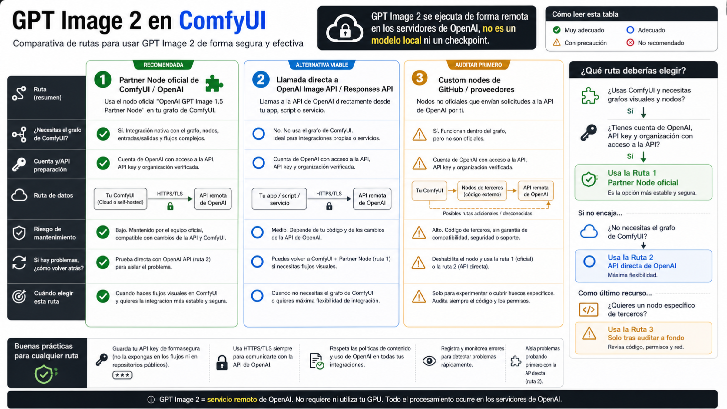 Comparacion de rutas para GPT Image 2 en ComfyUI, API directa y Responses API