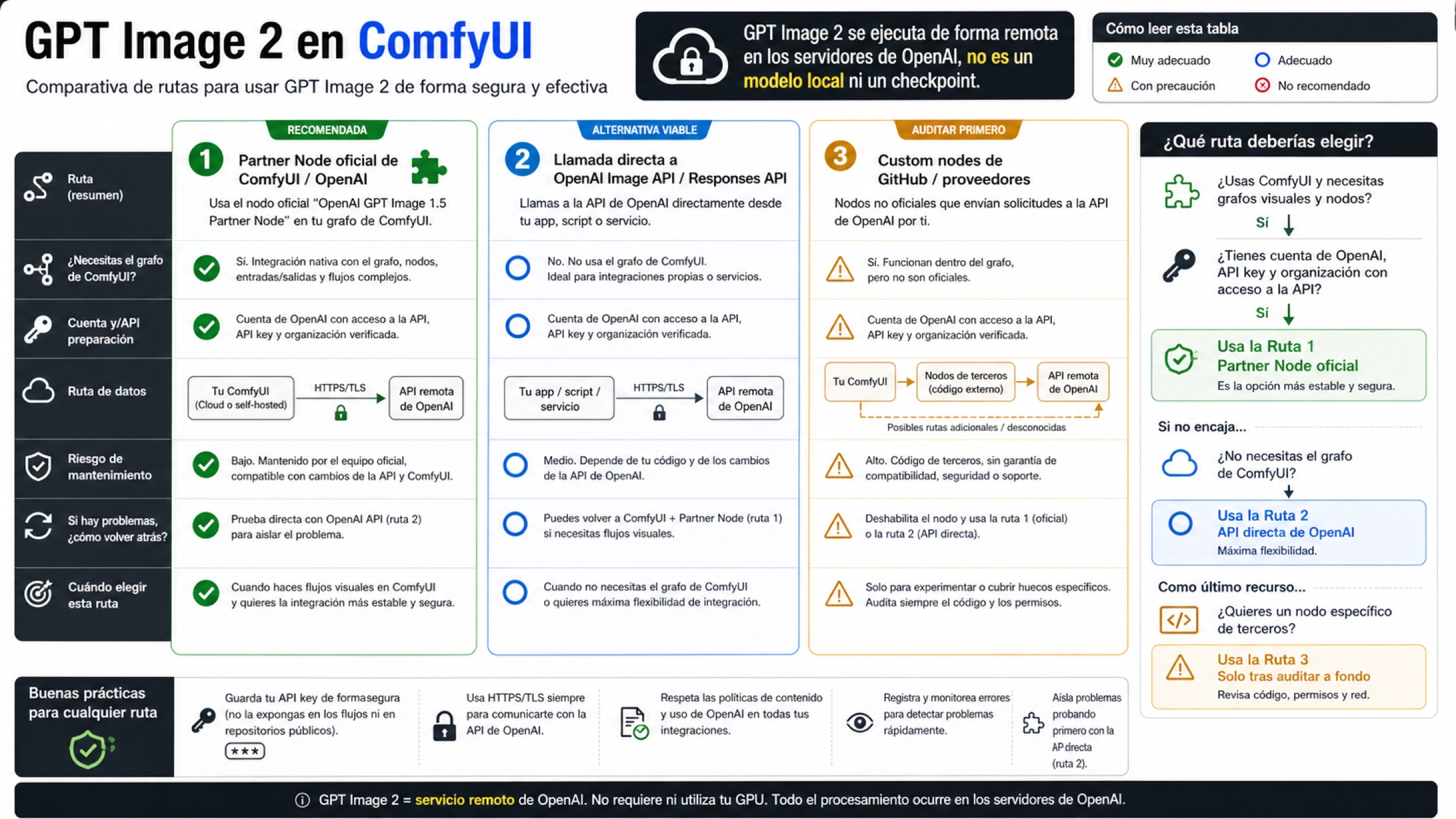 Comparacion de rutas para GPT Image 2 en ComfyUI, API directa y Responses API