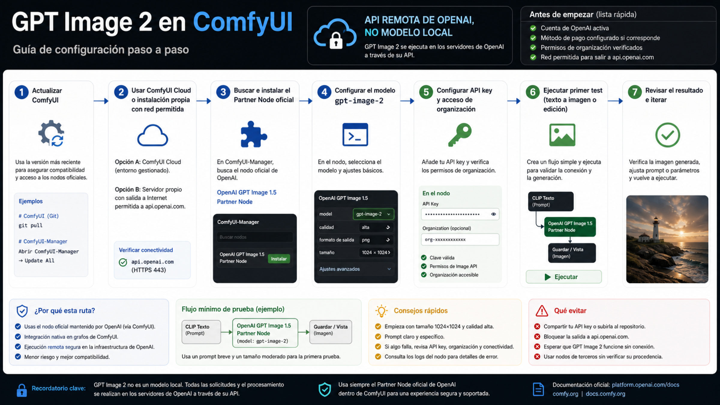 Secuencia de configuracion de GPT Image 2 en ComfyUI