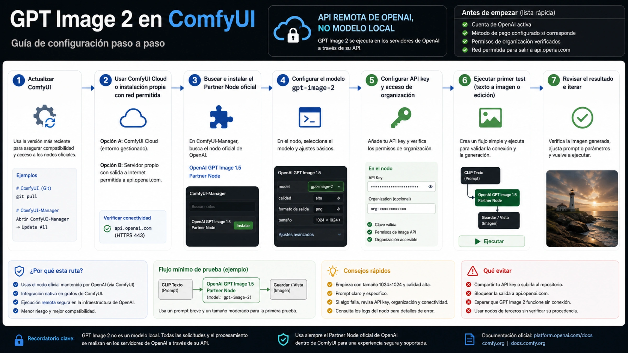 Secuencia de configuracion de GPT Image 2 en ComfyUI