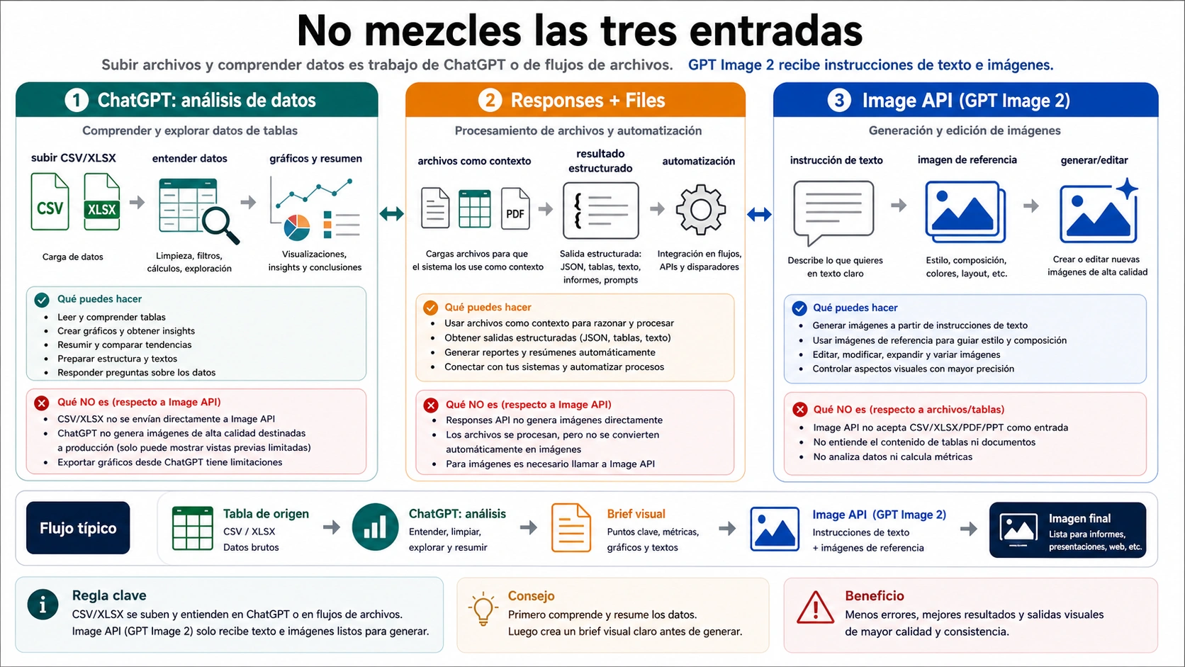Separación entre ChatGPT data analysis, Responses plus Files e Image API