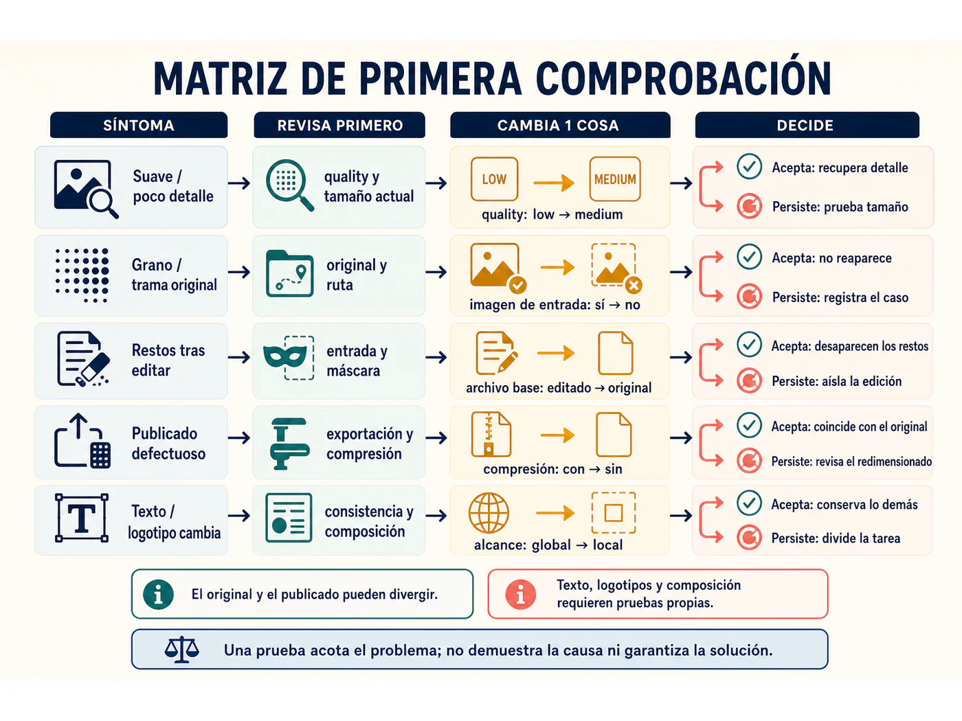 Matriz de síntomas, primera comprobación y criterio de aceptación para GPT Image 2