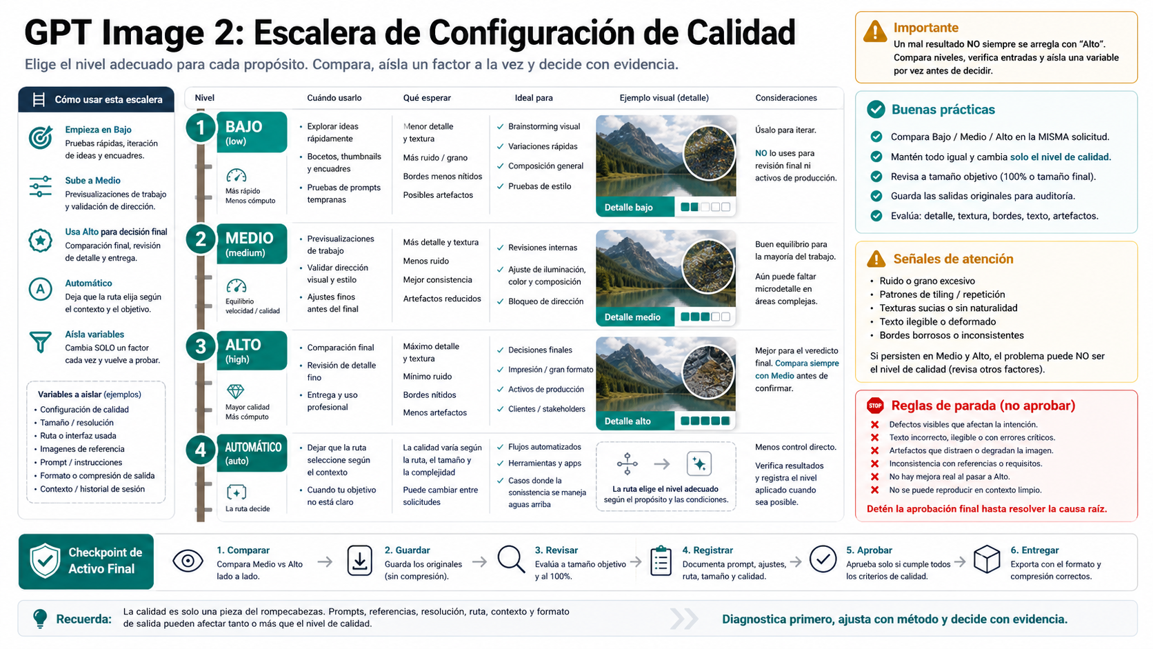 Escalera de calidad de GPT Image 2: low, medium, high y auto