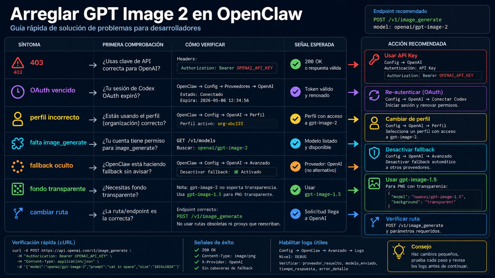 Matriz de troubleshooting para 403, OAuth antiguo, fallback masking y transparent background en OpenClaw GPT Image 2.