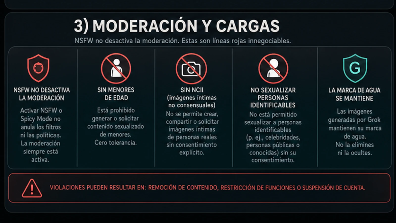 Límites de moderación y carga: menores, consentimiento, personas identificables y marca de agua