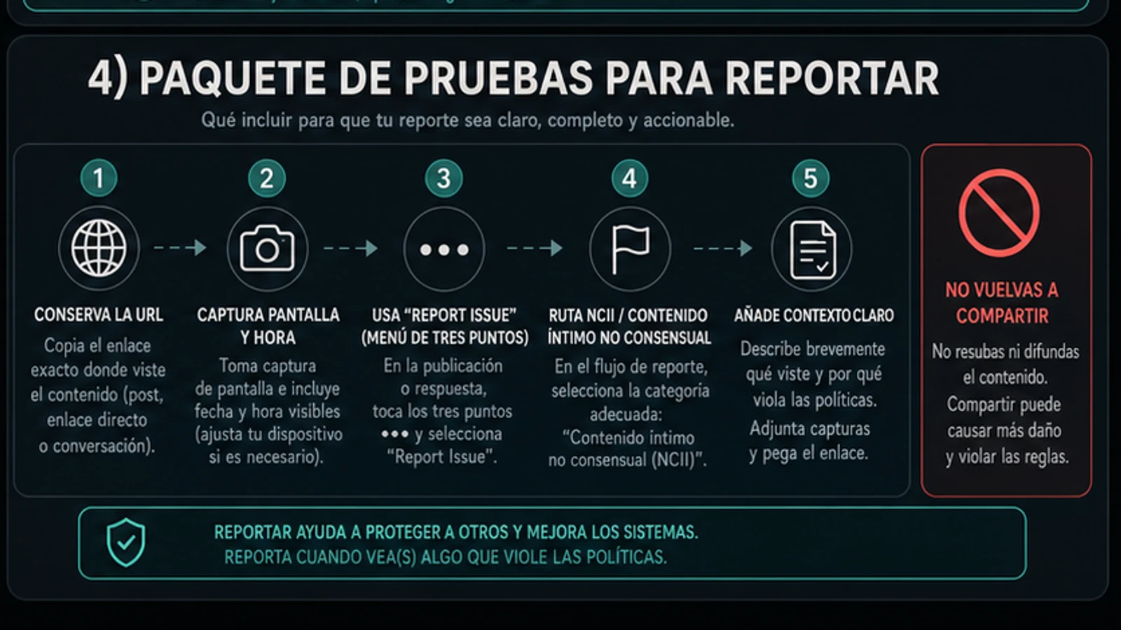 Paquete de pruebas para denunciar con URL, captura y hora, vía correcta y prohibición de volver a compartir