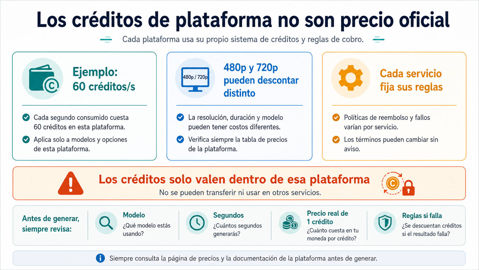 Comparación de wallets de proveedores mostrando que los créditos de Grok Imagine Video son locales a cada plataforma