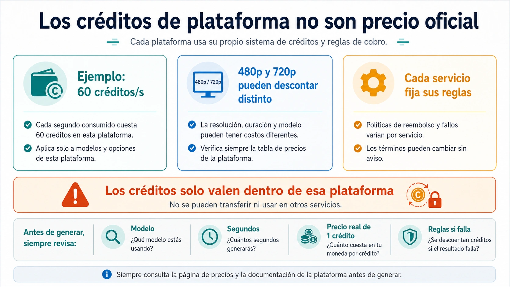 Comparación de wallets de proveedores mostrando que los créditos de Grok Imagine Video son locales a cada plataforma