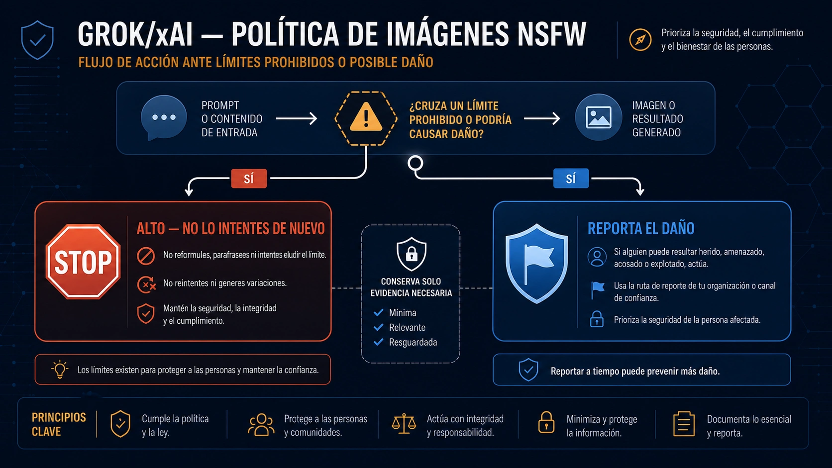 Flujo para detener una solicitud prohibida y denunciar una imagen dañina