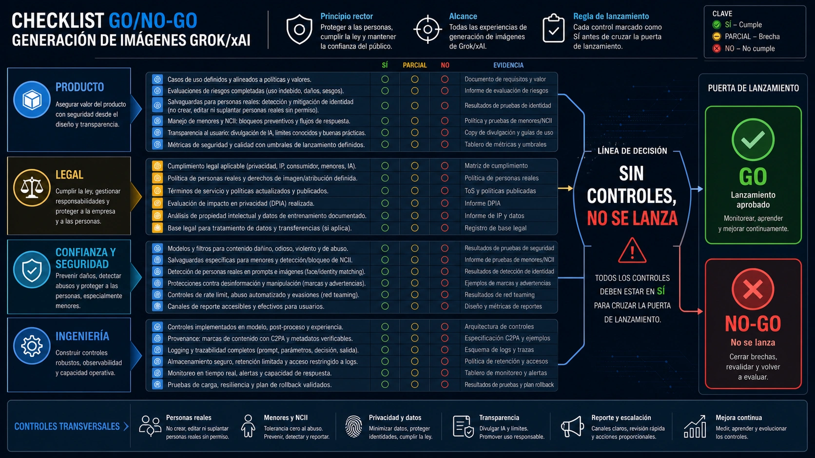Lista de comprobación de producto, legal, seguridad e ingeniería antes de lanzar una función de Grok