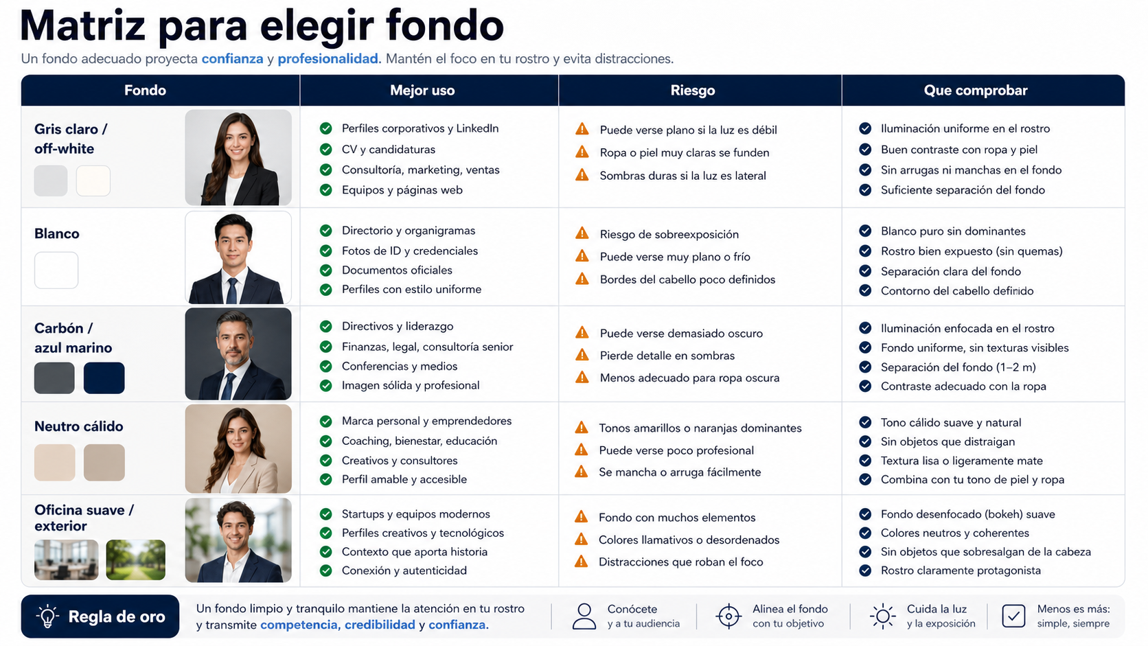 Matriz de fondos para foto profesional con usos, riesgos y comprobaciones