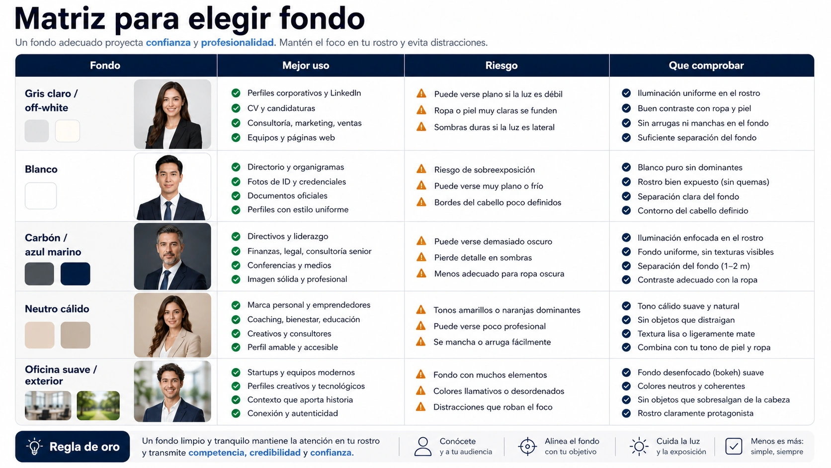 Matriz de fondos para foto profesional con usos, riesgos y comprobaciones