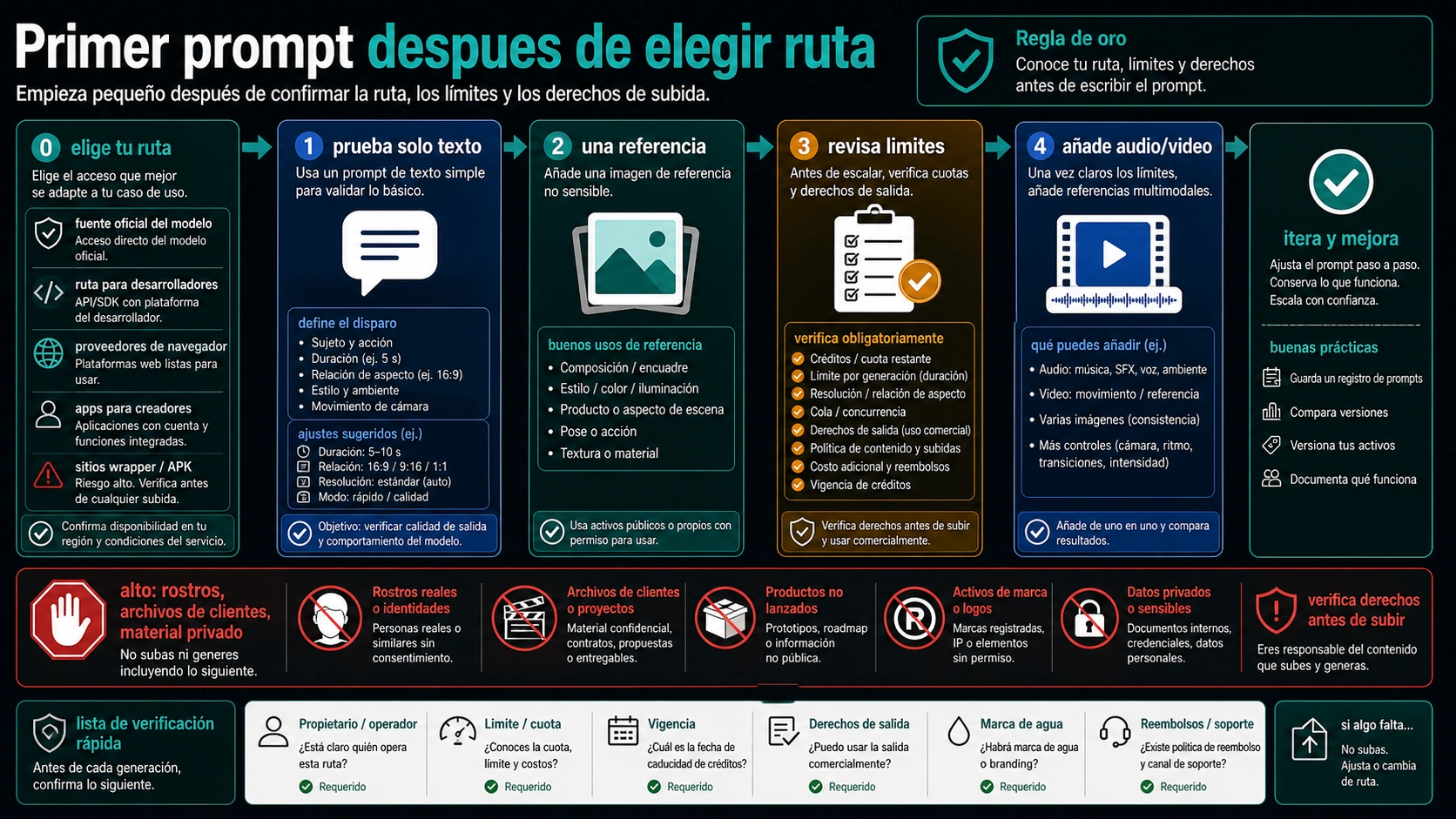 Flujo del primer prompt de Seedance 2.0 con prueba solo texto, una referencia, revision de limites, referencias multimodales y reglas de subida