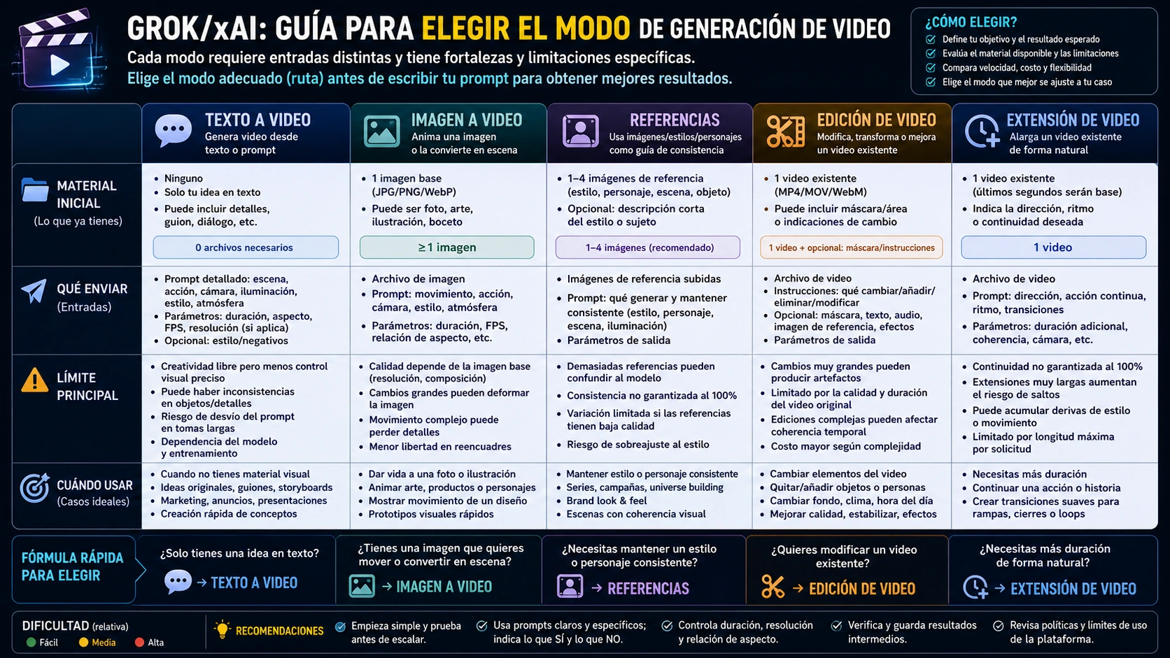 Selector de modos Grok/xAI: texto a video, imagen a video, referencias, edición y extensión