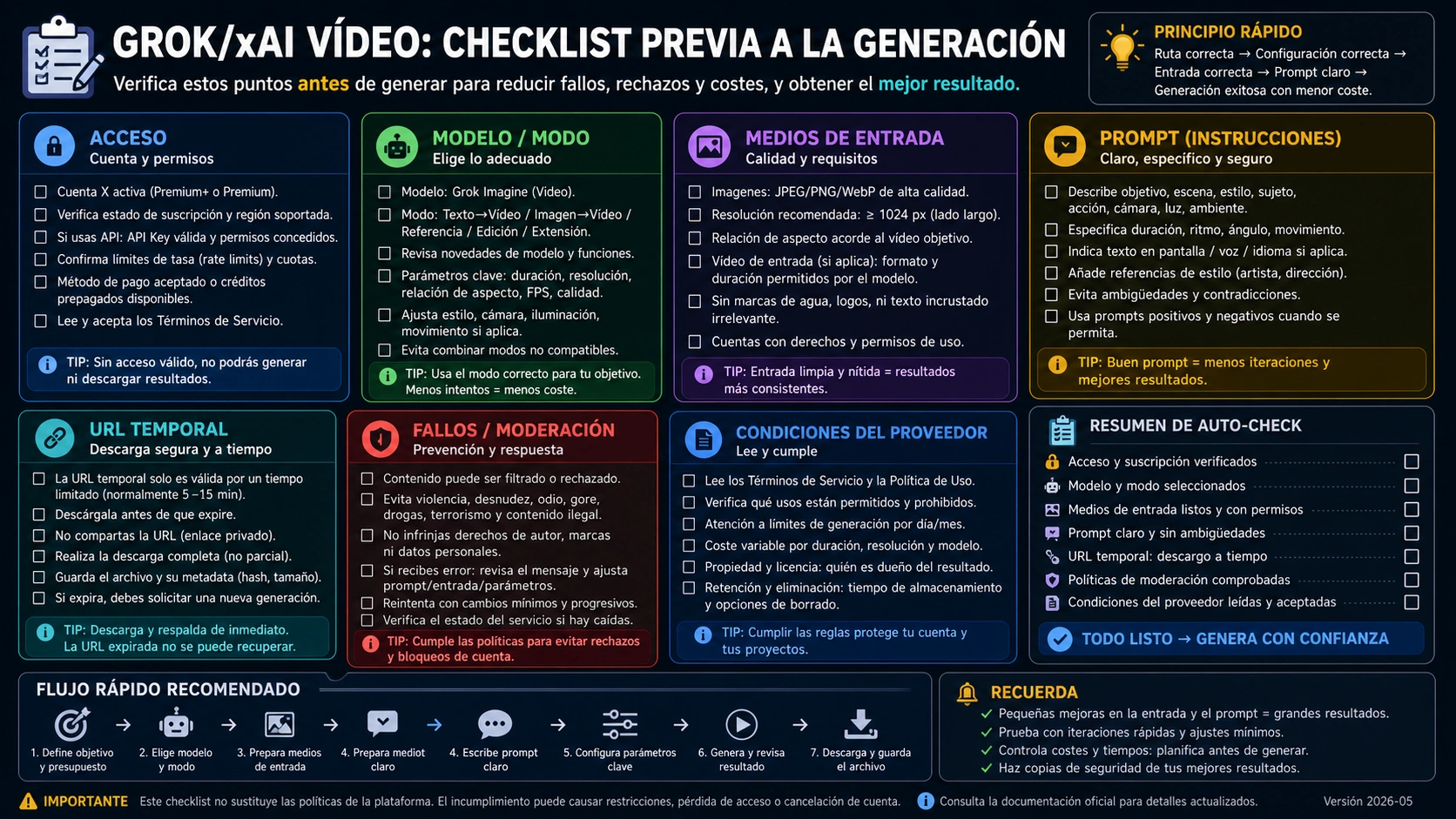 Lista previa para generar video con Grok/xAI: acceso, modo, archivos, salida, fallos y seguridad