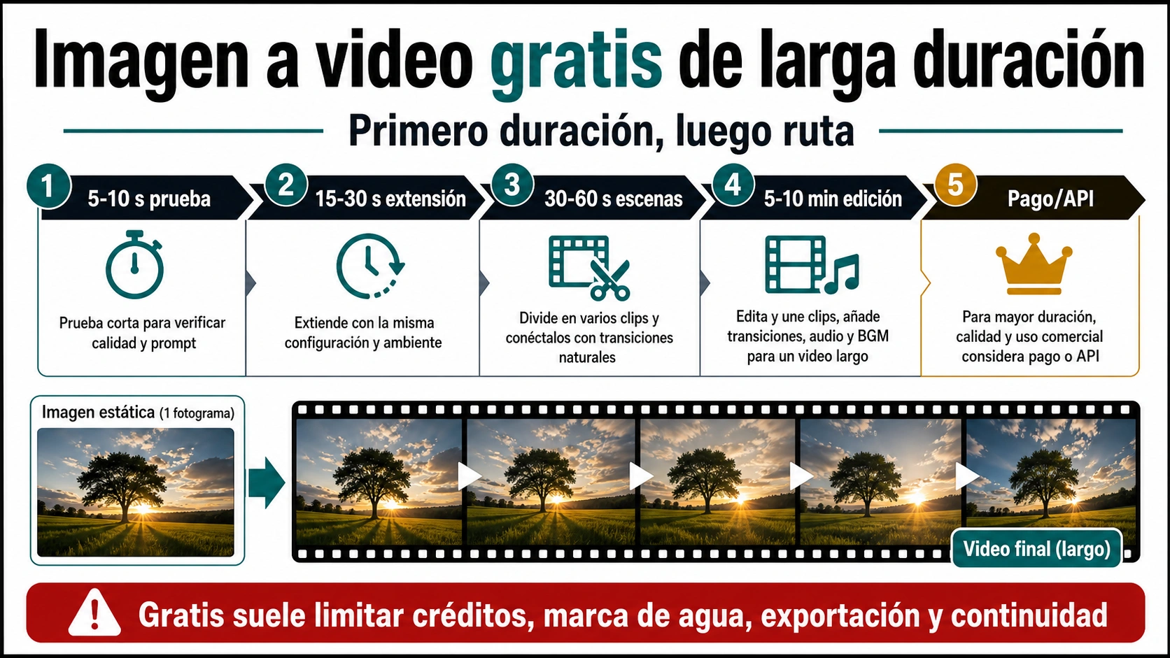Tablero para elegir entre prueba corta, extensión, escenas, edición y pago/API al convertir una imagen en video gratis de larga duración