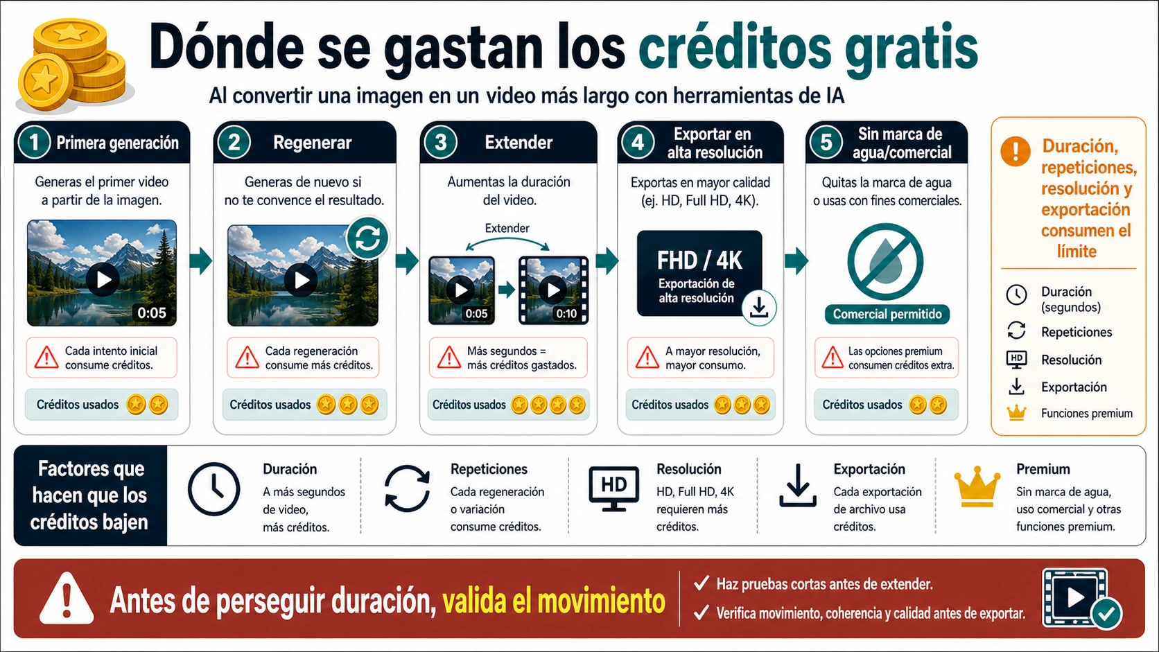 Mapa de consumo de créditos gratis al generar, regenerar, extender, exportar y quitar marcas al convertir una imagen en video