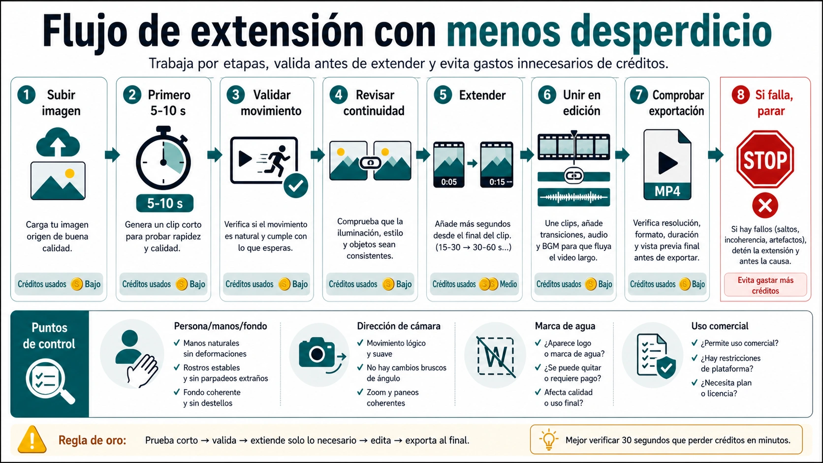 Flujo para extender una imagen a video con menos desperdicio: subir imagen, generar 5-10 segundos, validar movimiento, revisar continuidad, extender, editar, exportar y parar si falla