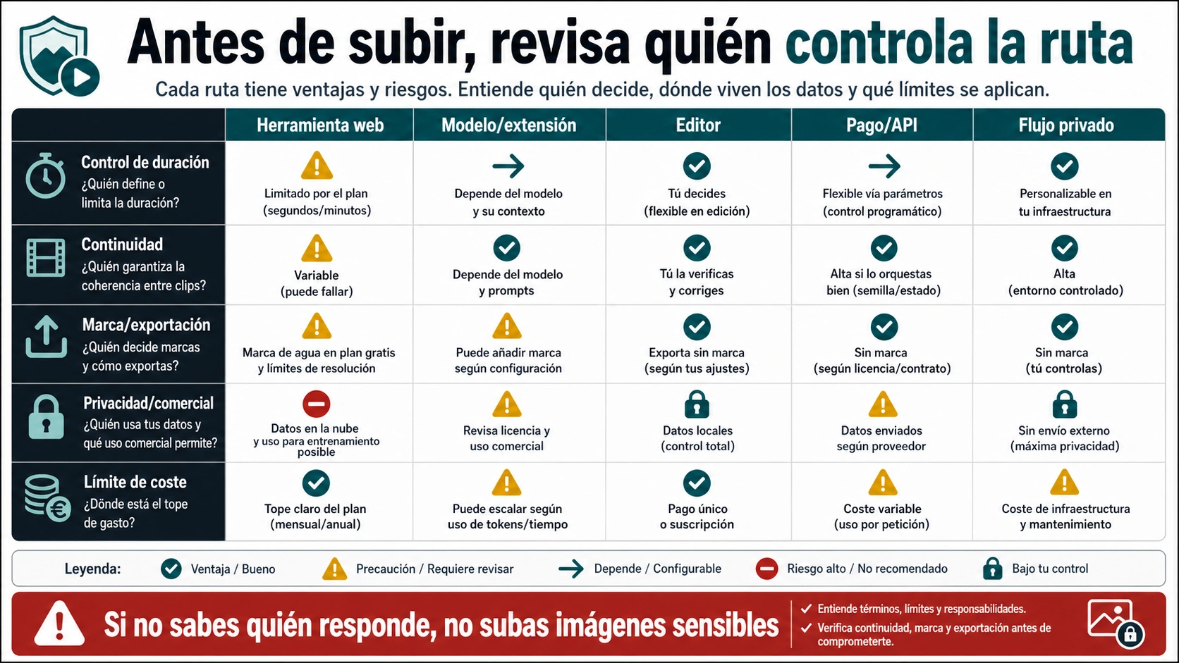 Matriz para revisar quién controla duración, continuidad, marca de agua, privacidad, uso comercial y coste antes de subir una imagen sensible