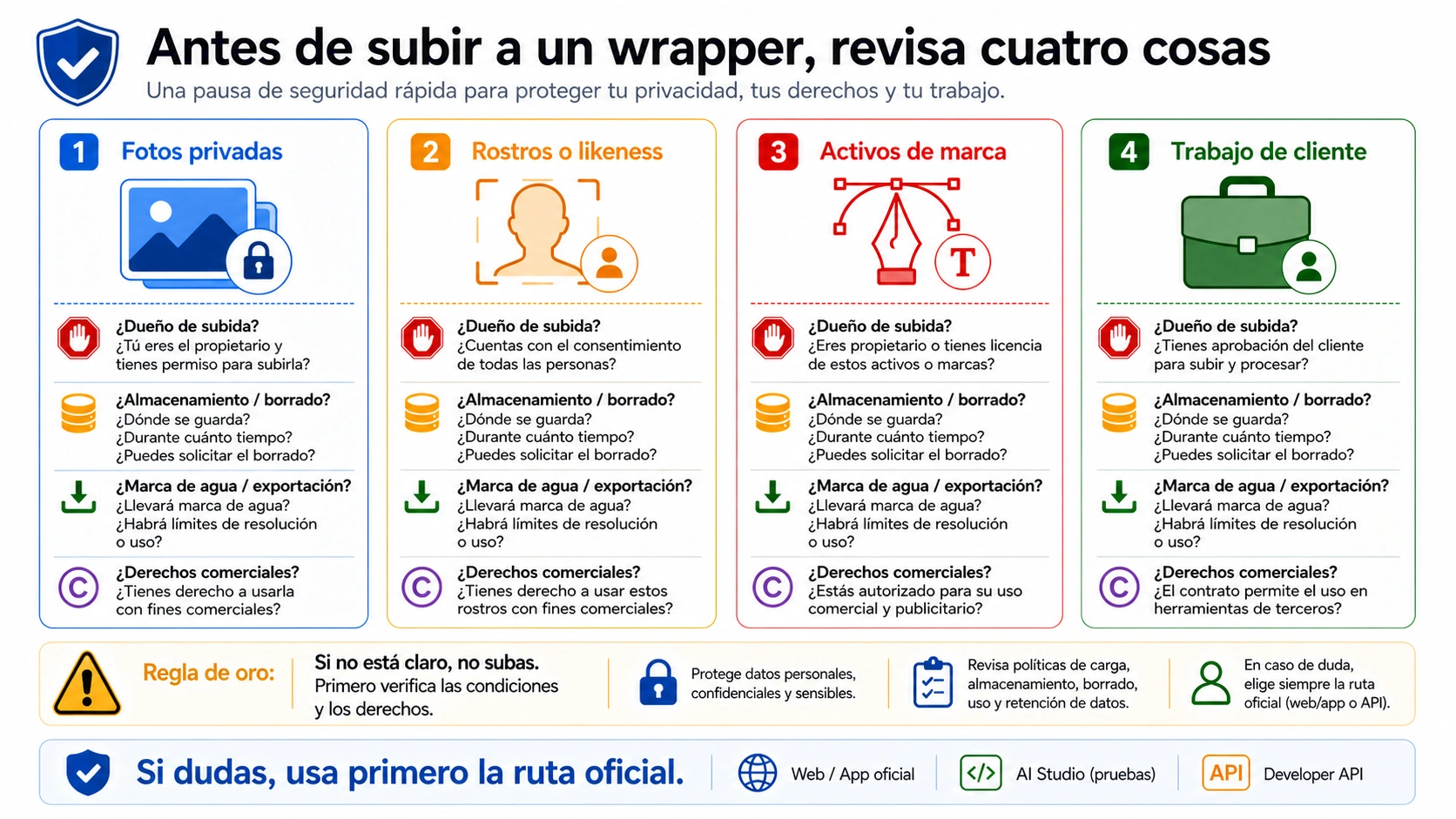 Lista de comprobación antes de subir rostros, fotos privadas, material de marca o archivos de cliente a una herramienta externa Gemini