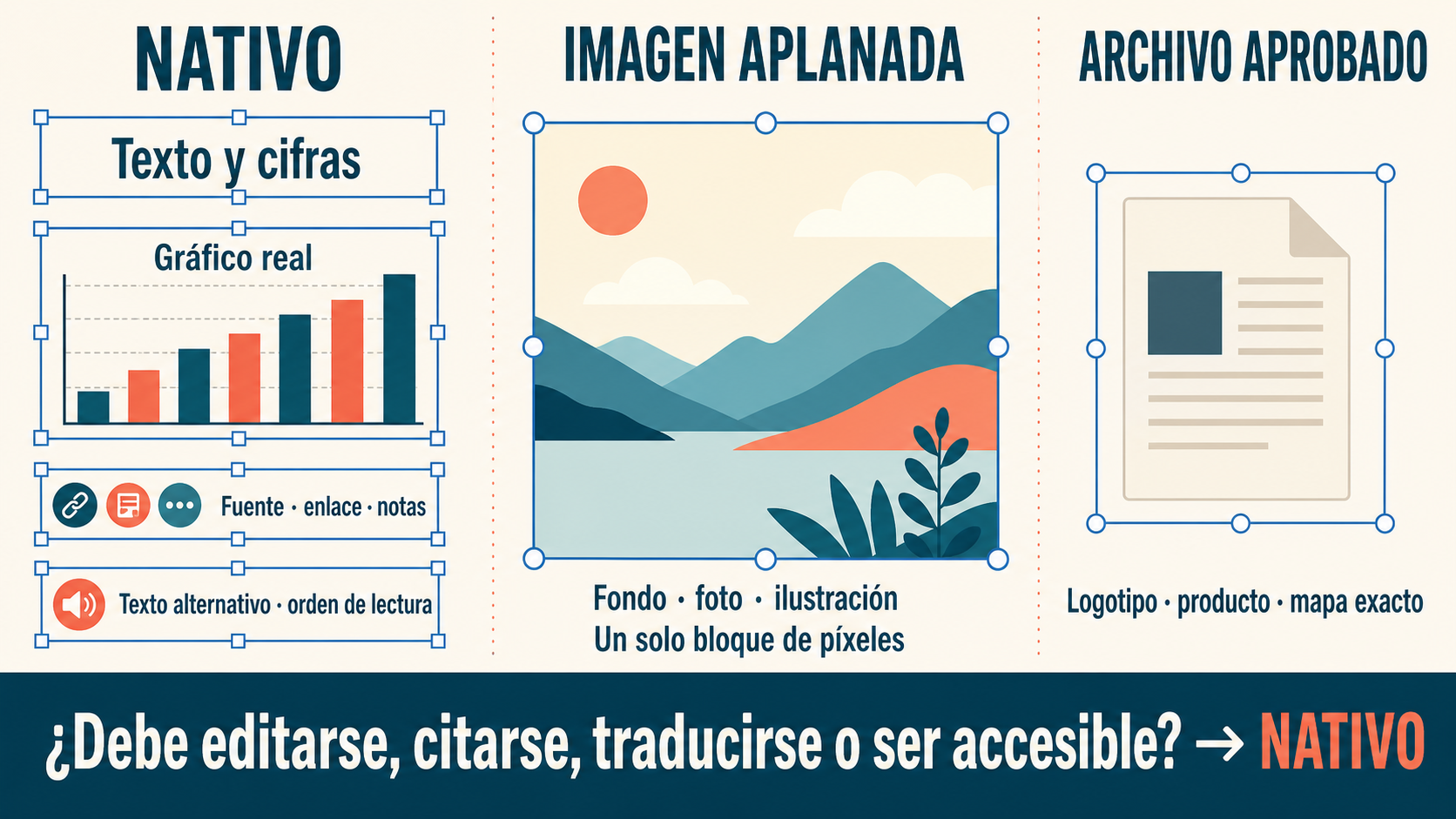 Separación entre texto, datos, citas y accesibilidad como objetos nativos, frente a fondos e ilustraciones que pueden quedar aplanados
