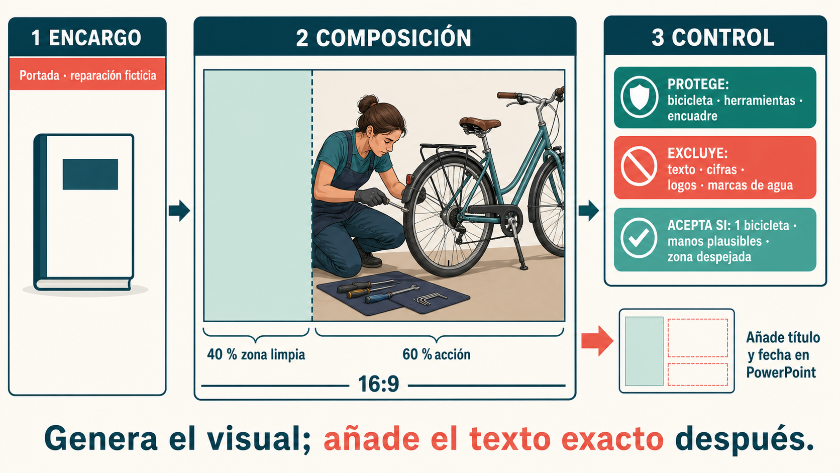 Mapa de una instrucción visual que conecta el trabajo de la diapositiva, el sujeto, la composición, la zona de texto nativo, las exclusiones y la prueba de aceptación