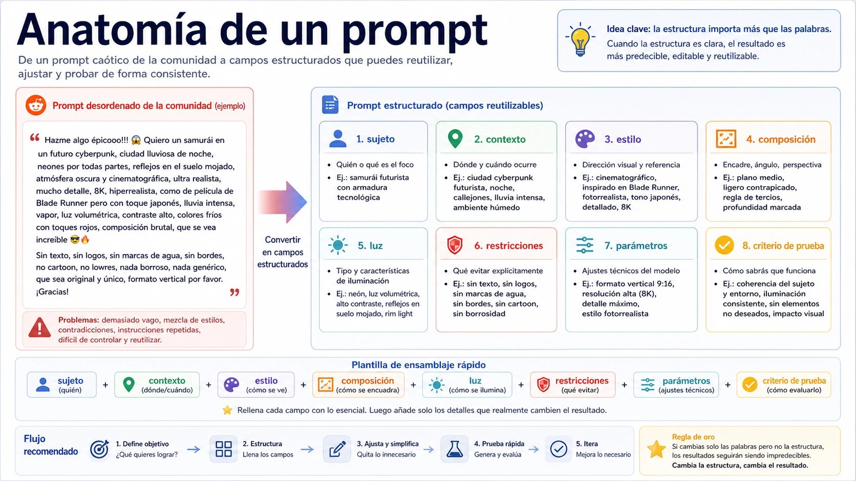 Panel de anatomía de prompt con sujeto, contexto, estilo, composición y prueba