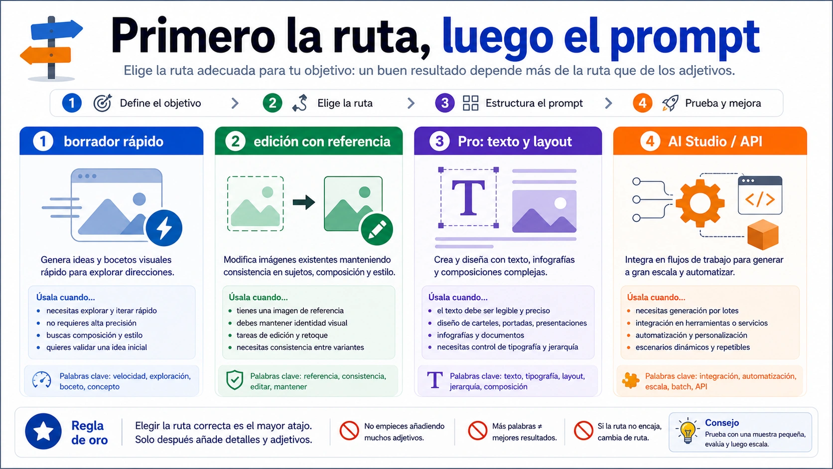 Matriz para elegir Gemini app, edición con referencia, Pro o AI Studio API